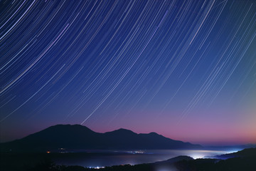 Star trails over the 3 peaks of Mt. Hiruzen in autumn