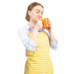 Woman in yellow orange cup in hand on white background isolation
