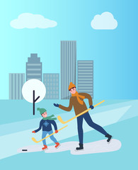 Hockey training of man and child, father and son vector. People spending time outdoors, daddy teaches child winter sports, hobby practicing outdoors