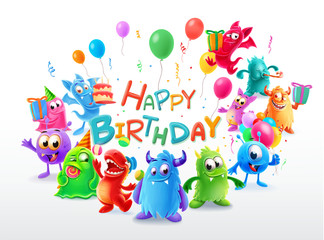 happy birthday illustration with cute monster © mollicart