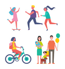 Family and running couple keeping fit. Isolated icons set skating woman in dress, lady riding bicycle. Father and mother holding newborn kid vector