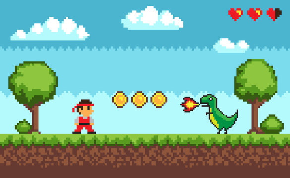 Duel between man and dragon with fire form the mouth near coins and hearts. Old style pixel scree of game on outdoor with trees and cloudy sky vector