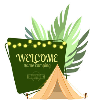 Camping badge. Hiking label. Element for logo, flyers or poster. Vector illustration with tent and branches of the leaves