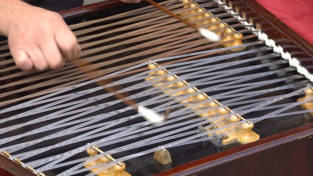 Hammered Dulcimer with player hands with hammers.