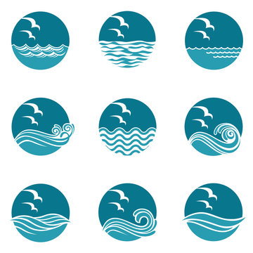 collection of ocean icons with waves and seagulls