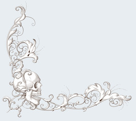 Vintage decorative element engraving with Baroque ornament and skull