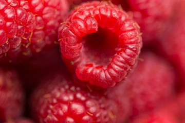 Heap of freshly picked ripe vibrant red raspberries. Macro photography. Top view. Visible texture. Natural food background pattern. Wallpaper poster banner product branding design template. Copy space