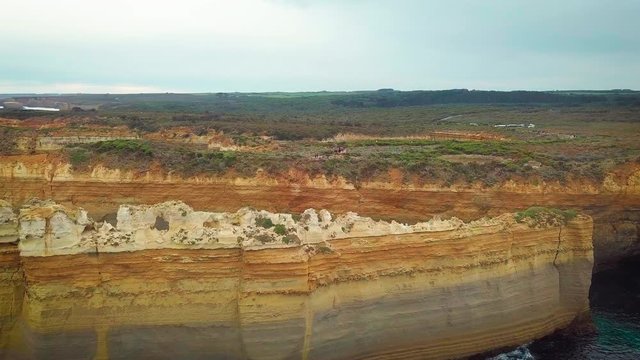Aerial view of Loch Ard Gorge beach in Twelve Apostles marine park on Shipwreck coast of Victoria, Australia.