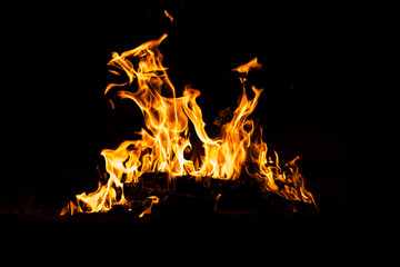 Fire flames burning isolated on black background. High resolution wood fire flames collection smoke...