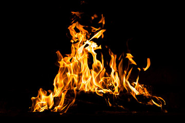 Fire flames burning isolated on black background. High resolution wood fire flames collection smoke texture background concept image.