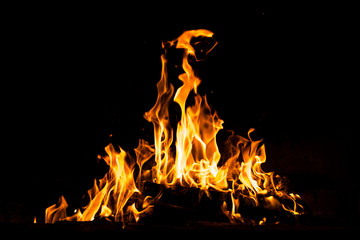 Fire flames burning isolated on black background. High resolution wood fire flames collection smoke...