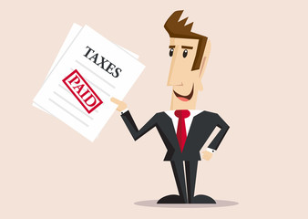 Happy businessman holds Tax Form witx paid stamp