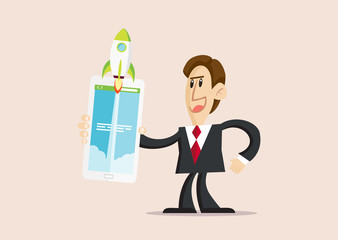  Happy businessman holds big smartphone with Rocket launch on the screen. Concept of business start-up, boost or success