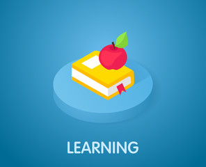 Learning book and apple isometric icon. Vector illustration. 3d concept