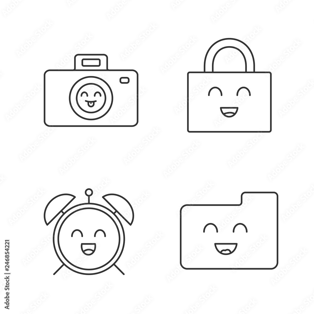 Poster smiling items linear icons set