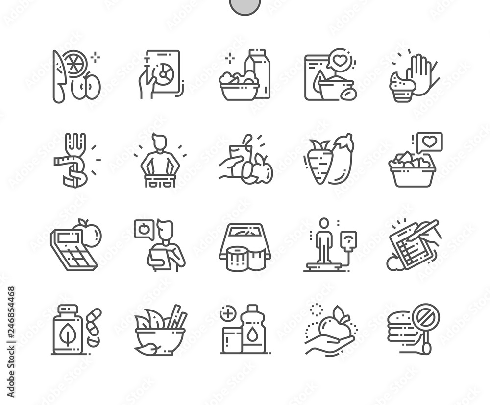 Poster diet well-crafted pixel perfect vector thin line icons 30 2x grid for web graphics and apps. simple 