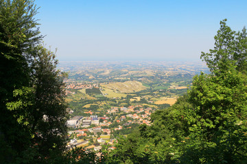 Fototapeta na wymiar Scenic view to San Marino city from height, Italy.