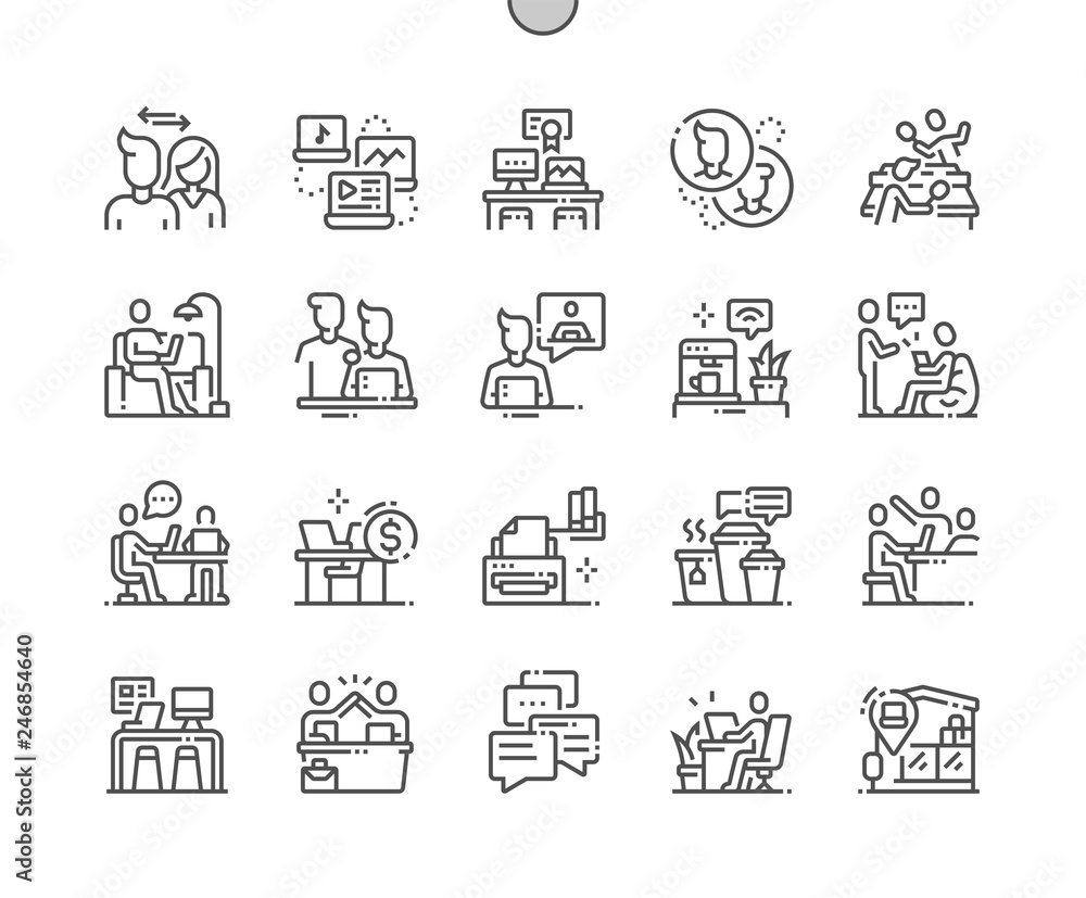 Poster coworking well-crafted pixel perfect vector thin line icons 30 2x grid for web graphics and apps. si
