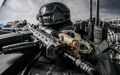Fototapeta na wymiar military equipman and weapons close up shooting