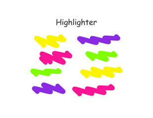 Highlight brush stroke set. Vector color marker pen lines. Yellow, pink, purple, green underline hand drawn highlight strokes on white background