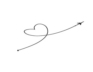 Plane and its track in the shape of a heart on white background. Vector illustration. Aircraft flight path and its route