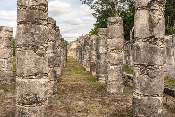 Fototapeta na wymiar Chichen Itza one thousand columns temple. These pillars were part of the market in times of the Mayan empire