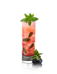 cold cocktail of blackberry and blueberry with mint on a white background
