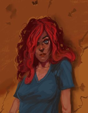 Tough beautiful redhead woman standing against a wall with dramatic lighting - digital character illustration