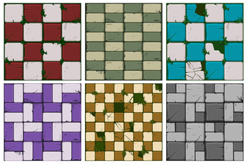 Texture of old stone tiles, seamless background stone wall and grass. Vector illustration for user interface of the game element. Set 1 of 2