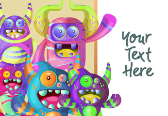 Cute cartoon monster with horns with one eye. Smiling monster emotion with big mouth. Halloween vector illustration - Vector