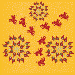 Vector abstract border, print on a yellow background. Floral pattern from red hand drawn flowers, fantasy leaves and fairy tale animal, ornate cute.wallpaper