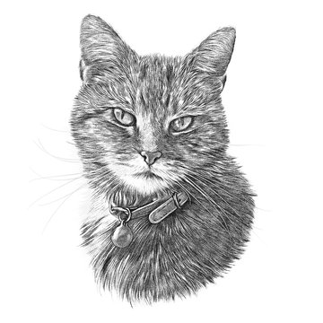 Black and White Drawing of a cute Cat. Cat head isolated on white background. Pencil, ink hand drawn realistic portrait. Animal art collection Cats. Good for print T shirt, banner. Design template