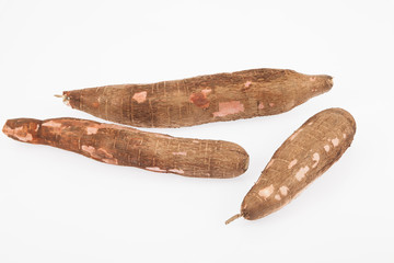 Raw yucca on white background-Manihot esculenta. (Cassava raw tuber)