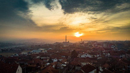 Aerial view of sunset in a city in winter. Kragujevac in Serbia.