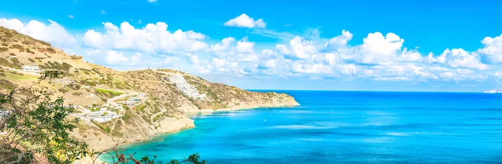 Fotobehang Slaapkamer Beautiful Panorama with turquoise sea. View of Theseus Beach, Ammoudi, Crete, Greece. HD landscape, blue sky and mountains.  © Artem