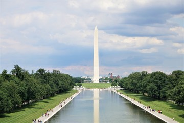 View of Washington Monument with reflection in the pond, D.C. ,USA.