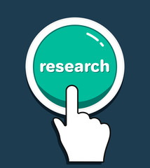 Hand mouse cursor clicks the round Research button. Hand icon pointer. Illustration for graphic and web design. Vector Push Button Concept