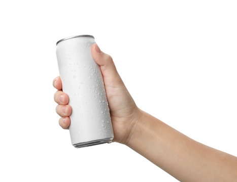 Woman holding aluminum can with beverage on white background, closeup. Space for design