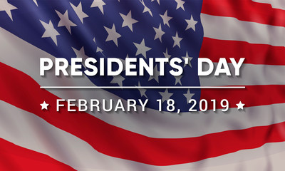 Vector banner design template for Presidents' Day with realistic american flag and text.
