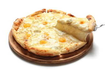Taking piece of hot cheese pizza Margherita from board on white background