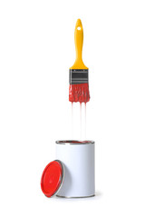 Open paint can and brush isolated on white