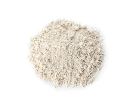 Pile of oat flour isolated on white, top view