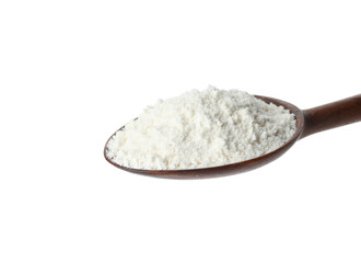 Fototapeta na wymiar Spoon of wheat flour isolated on white