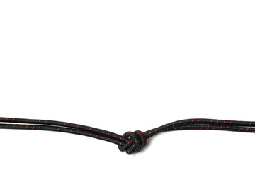 Rope with knot on white background, top view with space for text