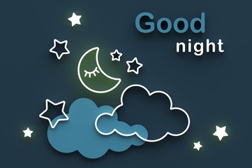 Cartoon sleeping moon, clouds and stars in the night sky. Wishing good night and sweet dreams. Greeting card with copy space. 3D render.