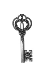 Steel vintage ornate key on white background