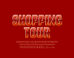Vector bright sign Shopping tour. Red and Golden glossy Font. Luxury Alphabet Letters, Numbers and Symbols.