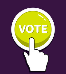Hand mouse cursor clicks the round Vote button. Hand icon pointer. Illustration for graphic and web design. Vector Push Button Concept