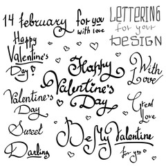 Cute Lettering Valentines Day Hand Drawing Vector Lettering Design. Black Label Happy Valentine's Day For You on White Background with Doodle Hearts.