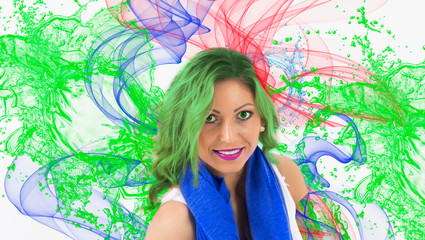 young woman portrait in art style close up on abstract background. Green eys and hair